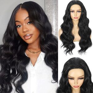 Synthetic Half Wig Body Wave 24 Inch Glueless Flip Over Black Wavy Hair